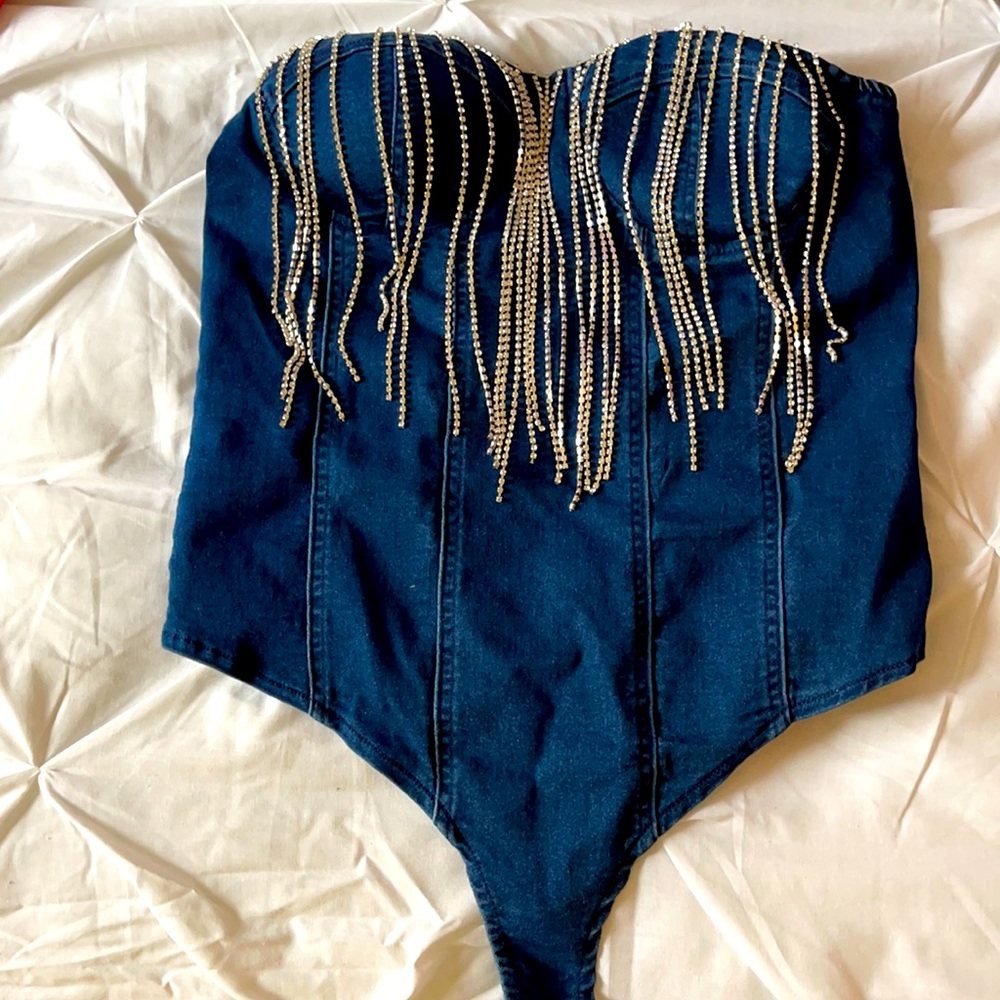 Blue Jean corset bodysuit with diamonds